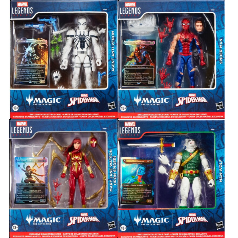 Magic the Gathering x Marvel Legends Hasbro Action Figures! (Agent Anti-Venom, Battle-Damaged Spider-Man, Mary Jane Watson Iron-Spider, Man-Wolf)