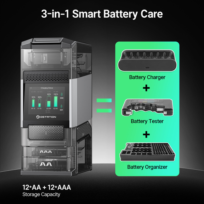 Ostation 2 Series 3-in-1 Smart Battery Hub for AA & AAA Rechargeable Ni-MH & Li-ion Batteries PRO