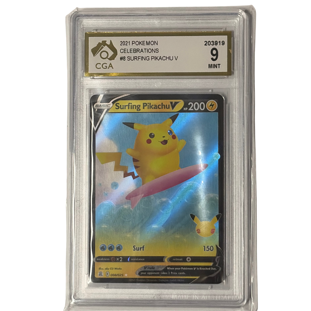 surfing pikachu v pokemon card CGA Graded Celebrations #8 Pick Your Spot:Spot 1 The Ring Tempts You Age Group Get your Mewtwo promo