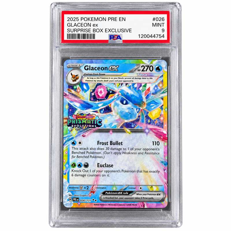 PSA 9 Glaceon ex 026/131 Prismatic Evolutions Surprise Box Pokémon Card